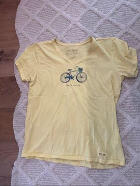 Life Is Good Yellow V-Neck Tee with Bicycle Graphic